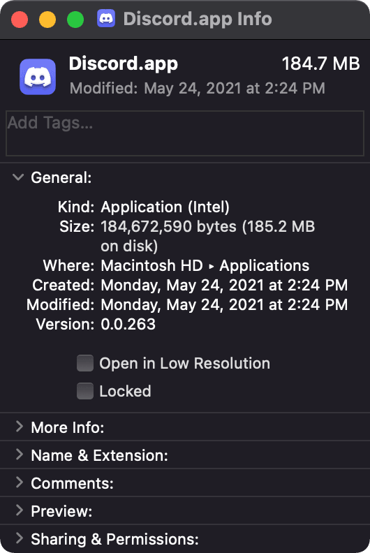 The Get Info panel in Finder shows details of an app.