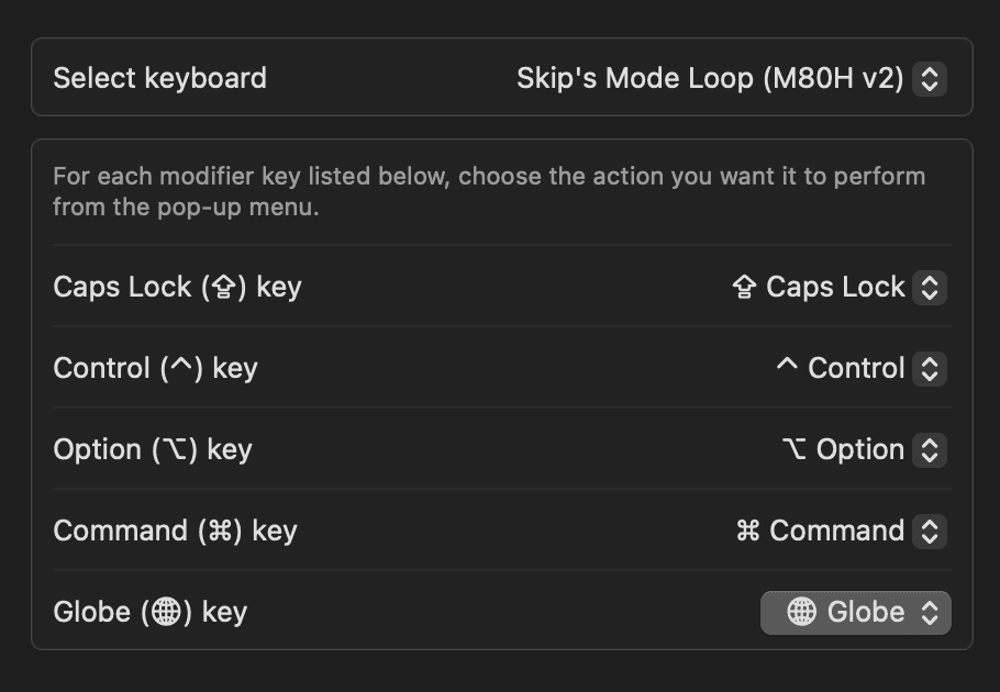 A screenshot of the keyboard selected in System Settings, within Keyboard > Keyboard Shortcuts… > Modifier Keys. The Globe key appears alongside the other modifiers.