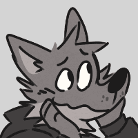 A digital illustration of a anthropomorphic gray cartoon wolf blushing and holding his paws up to his cheeks.