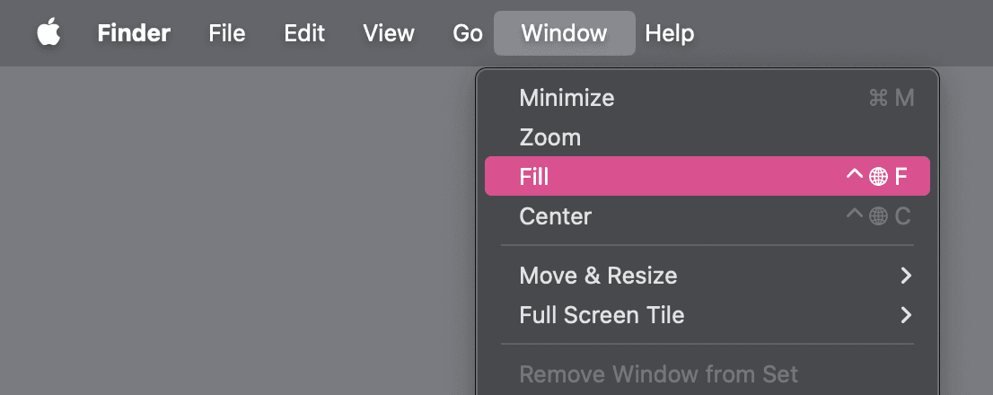 The standard Window menu presented by AppKit, including options such as Minimize, Zoom, Fill, and Center.